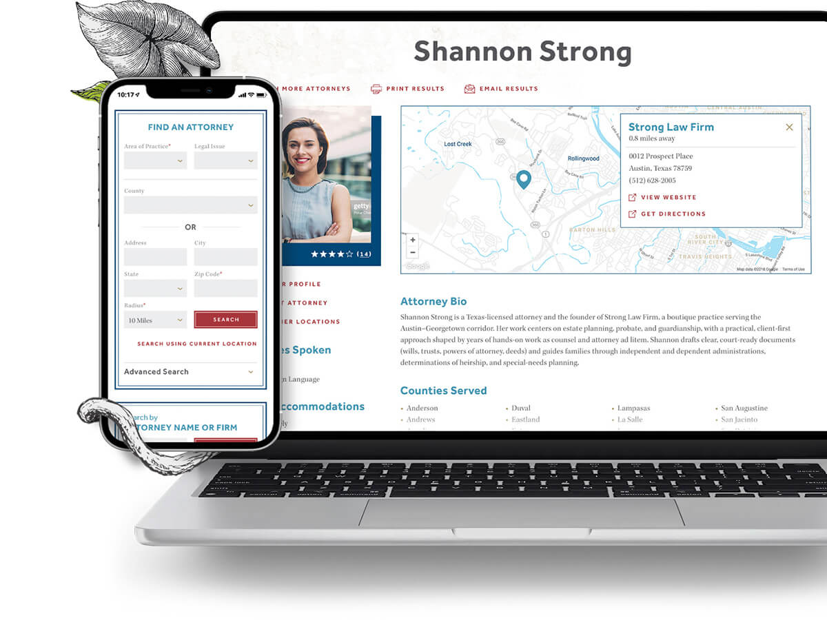 Laptop and phone view of the attorney finder search form and attorney profile